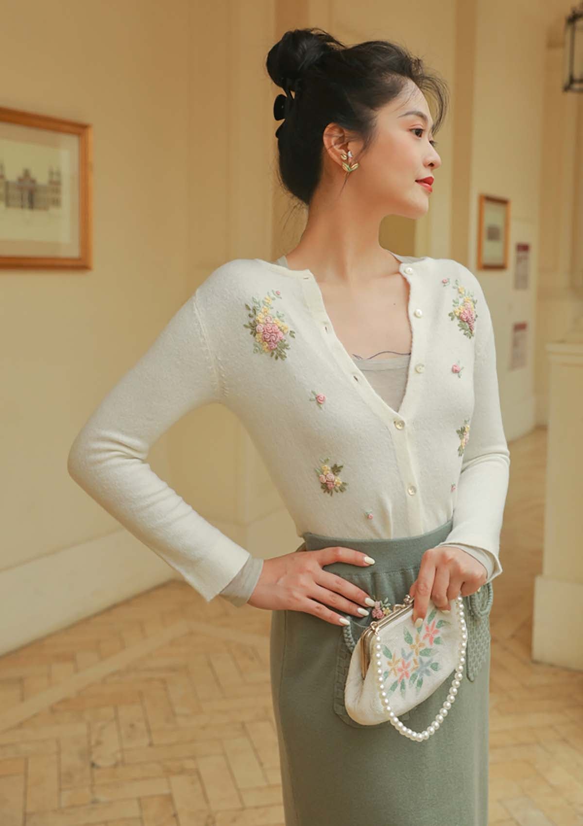 Hand-embroidered ruffle cardigan