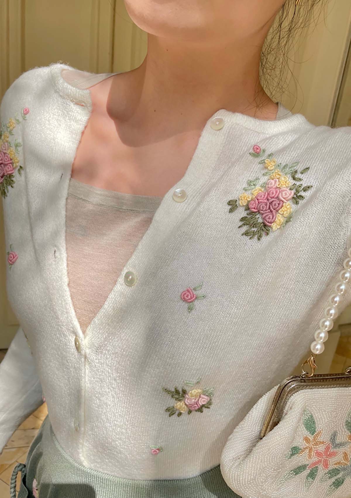 Hand-embroidered ruffle cardigan