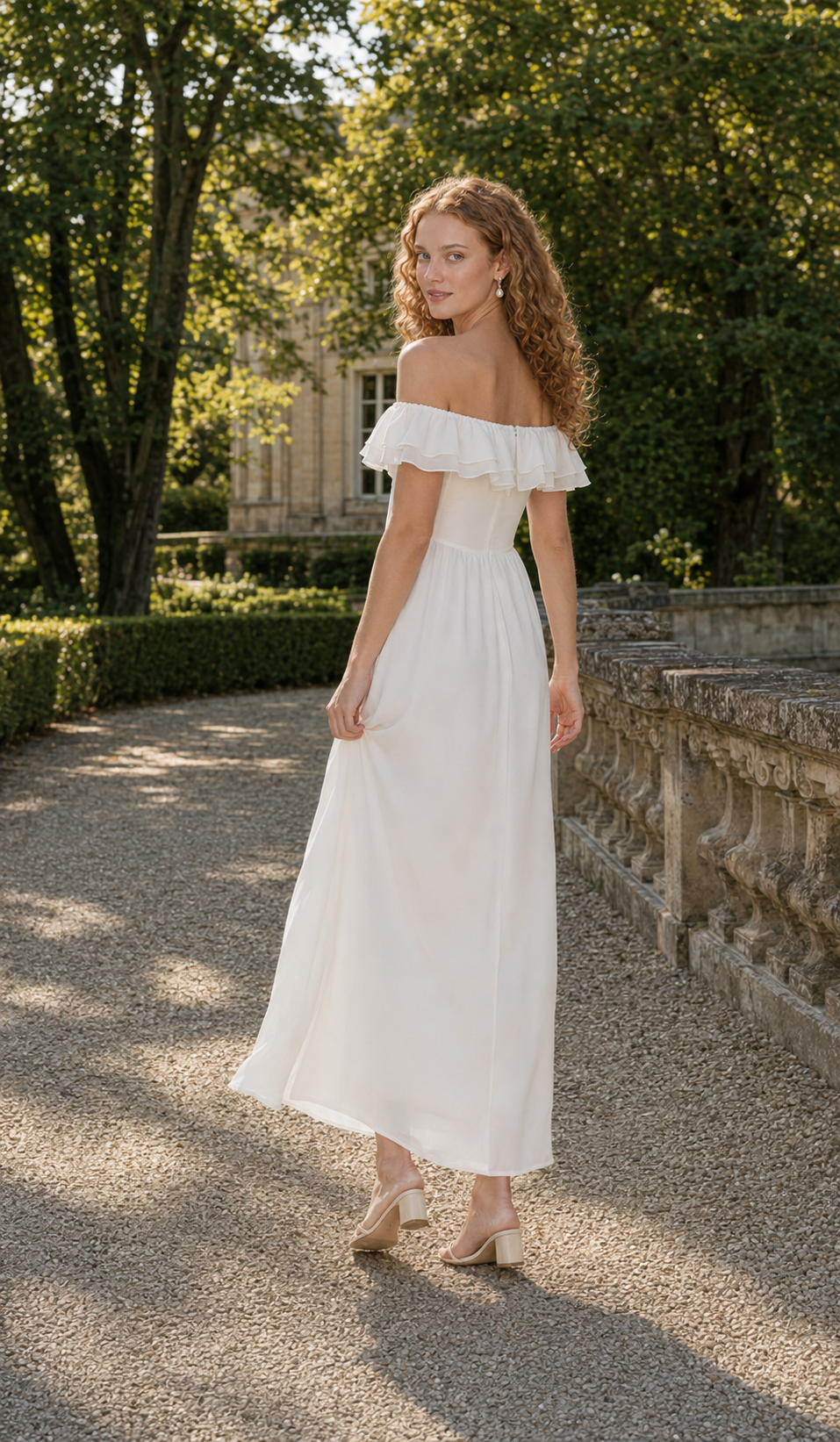 Back view of A Minuet at Versailles Dress showing the off-shoulder ruffle and elegant flowing silhouette.