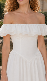 Close-up of the layered off-shoulder neckline, fitted bodice and pointed waist of A Minuet at Versailles Dress.