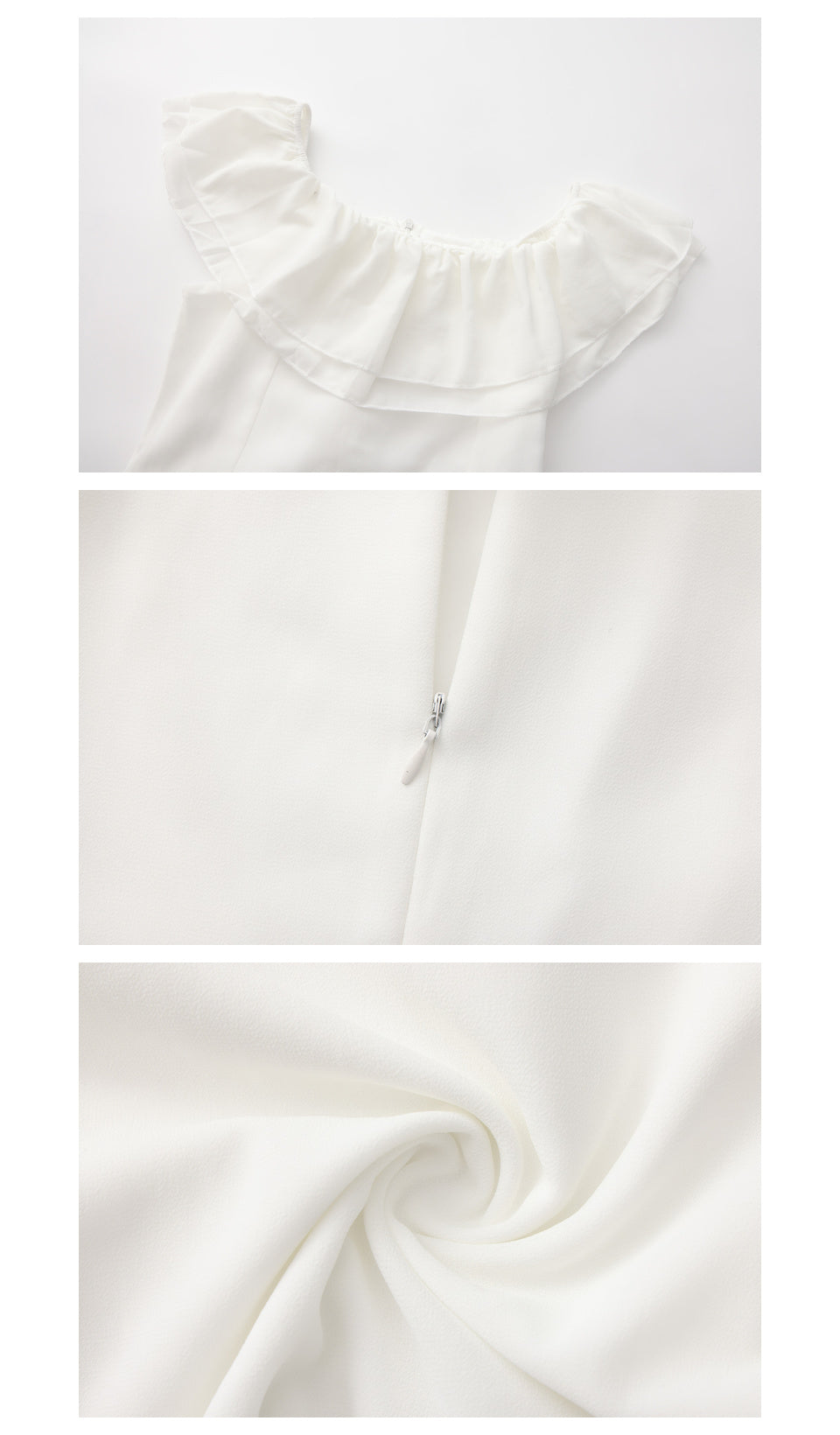 Three close-up views of A Minuet at Versailles Dress showing the ruffled neckline, back zipper and fabric texture.