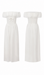 Front and back product views of A Minuet at Versailles white off-shoulder dress with bow detail.
