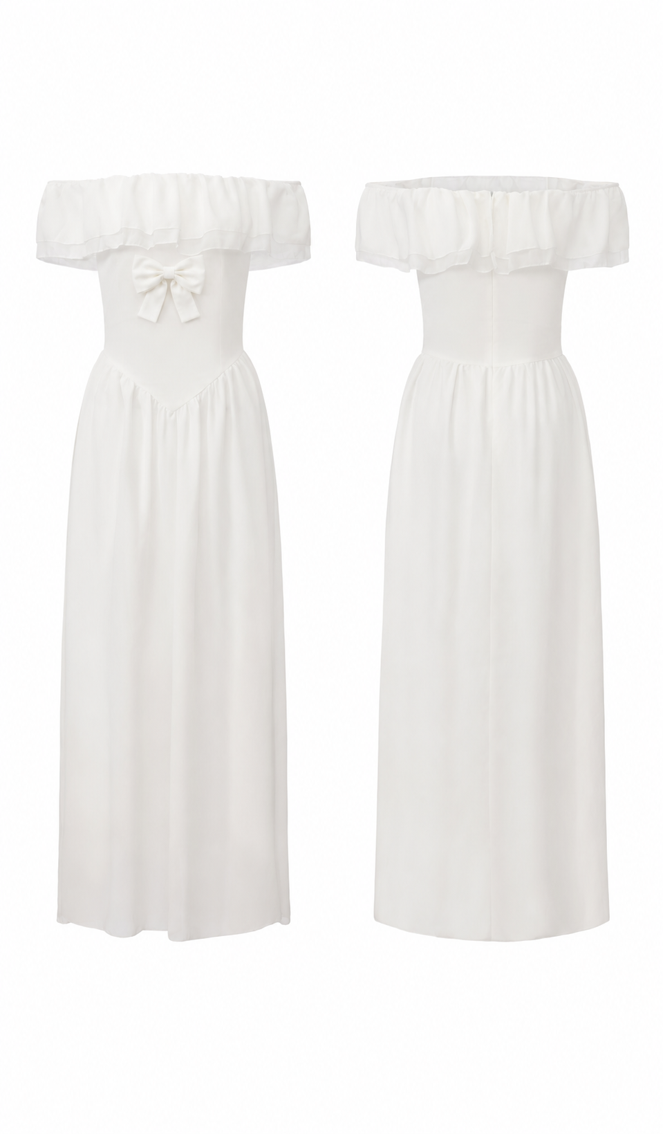Front and back product views of A Minuet at Versailles white off-shoulder dress with bow detail.