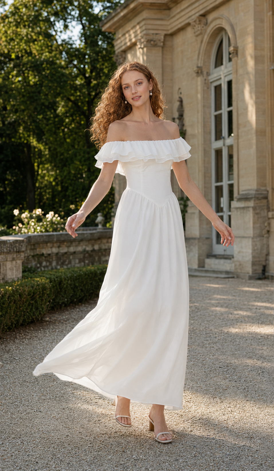 Model wearing the A Minuet at Versailles white off-shoulder maxi dress in a sunlit French garden.