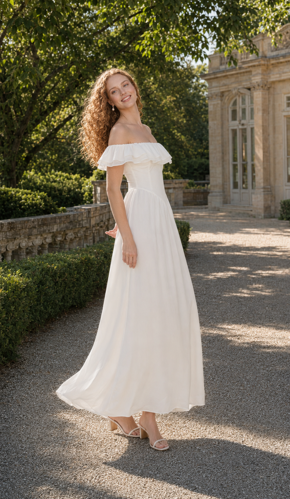Side view of A Minuet at Versailles Dress with a layered ruffle neckline and flowing ankle-length skirt.