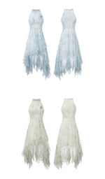 Front and back view of the blue and green halter handkerchief hem dress featuring a flowing chiffon silhouette and romantic layered design.