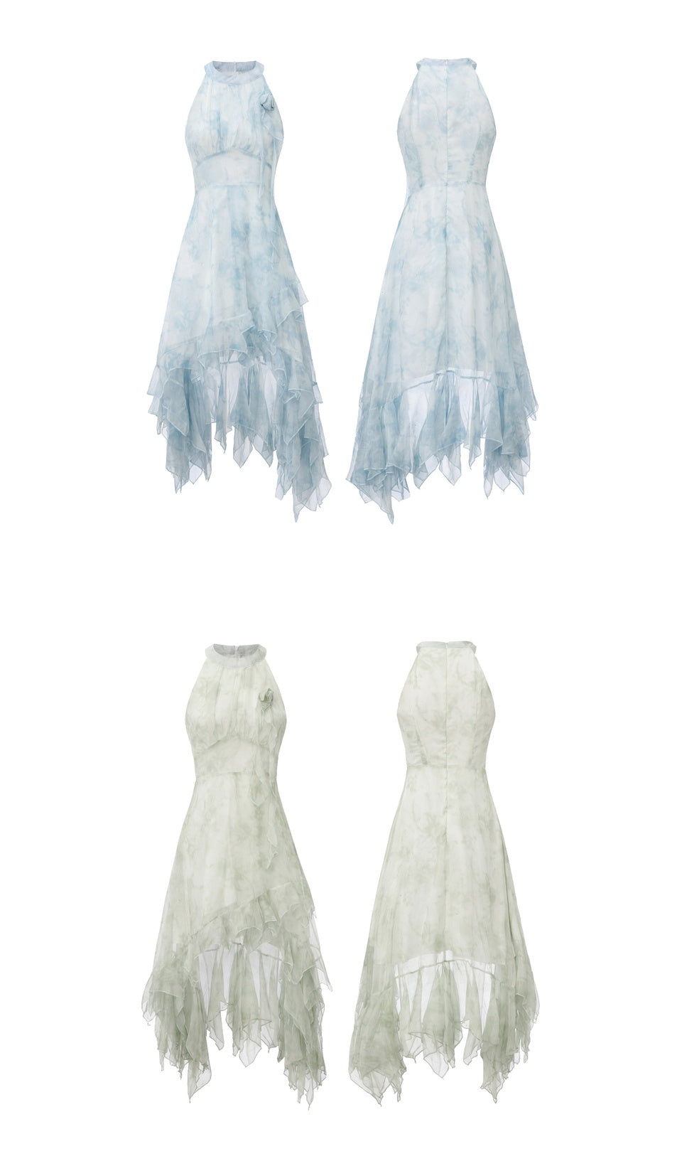 Front and back view of the blue and green halter handkerchief hem dress featuring a flowing chiffon silhouette and romantic layered design.