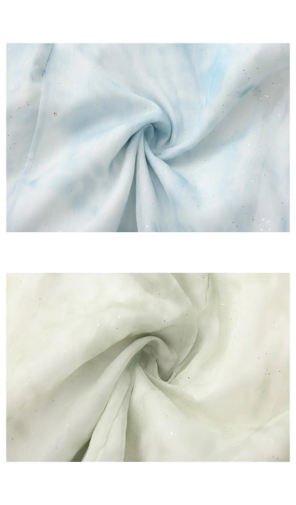 Close-up of the lightweight chiffon fabric used for the blue and green halter dresses, featuring a soft watercolor texture and subtle shimmer.