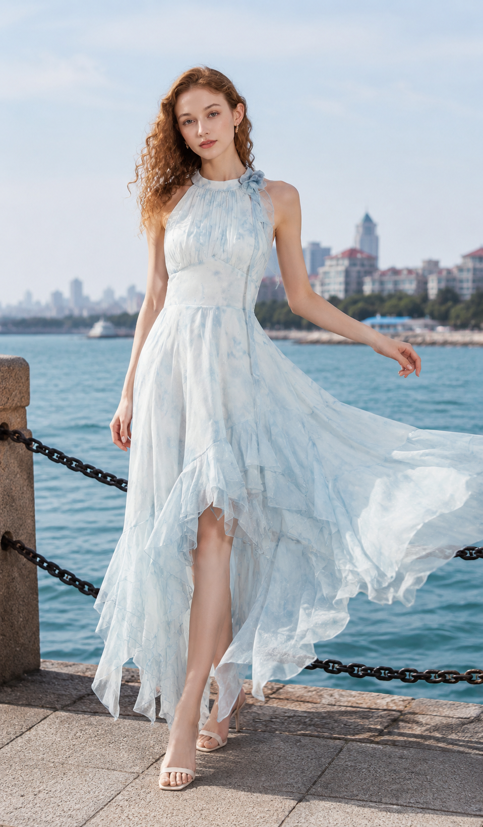 Woman wearing a blue halter handkerchief hem chiffon dress by the seaside with a flowing layered skirt and elegant silhouette.