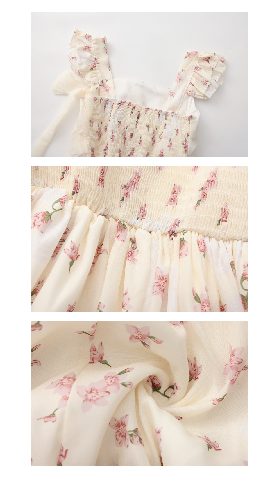 Café Rosalie Dress details showing the smocked back, gathered waist and delicate pink floral fabric.