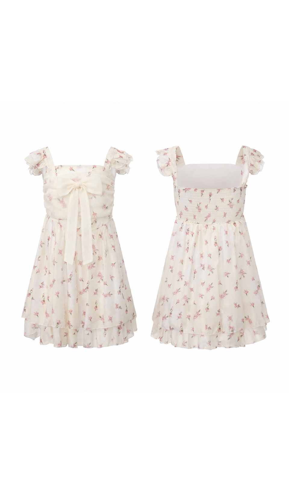 Front and back product view of the Café Rosalie Dress in ivory chiffon with a delicate pink floral print.