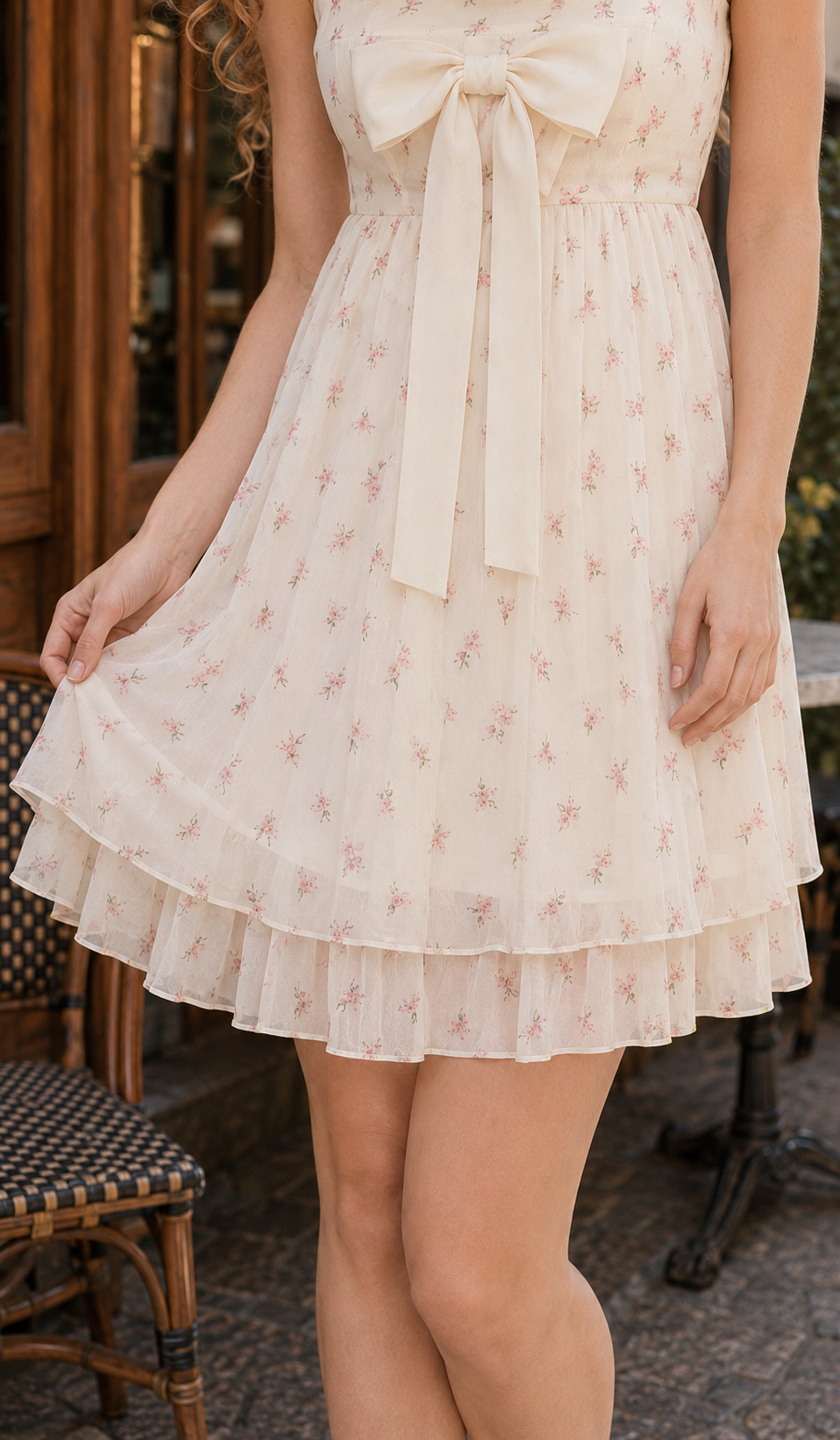 Close-up of the Café Rosalie Dress showing its centered bow, pink floral chiffon and double-layered skirt.