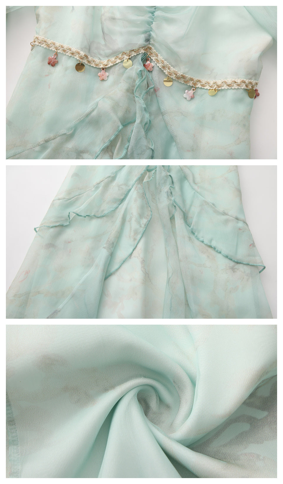 Close-up details of the Celestine’s Waltz dress showing charm trim, layered ruffles and lightweight mint chiffon