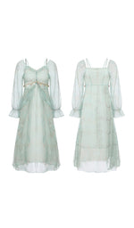 Front and back views of the Celestine’s Waltz mint green chiffon maxi dress with sheer long sleeves