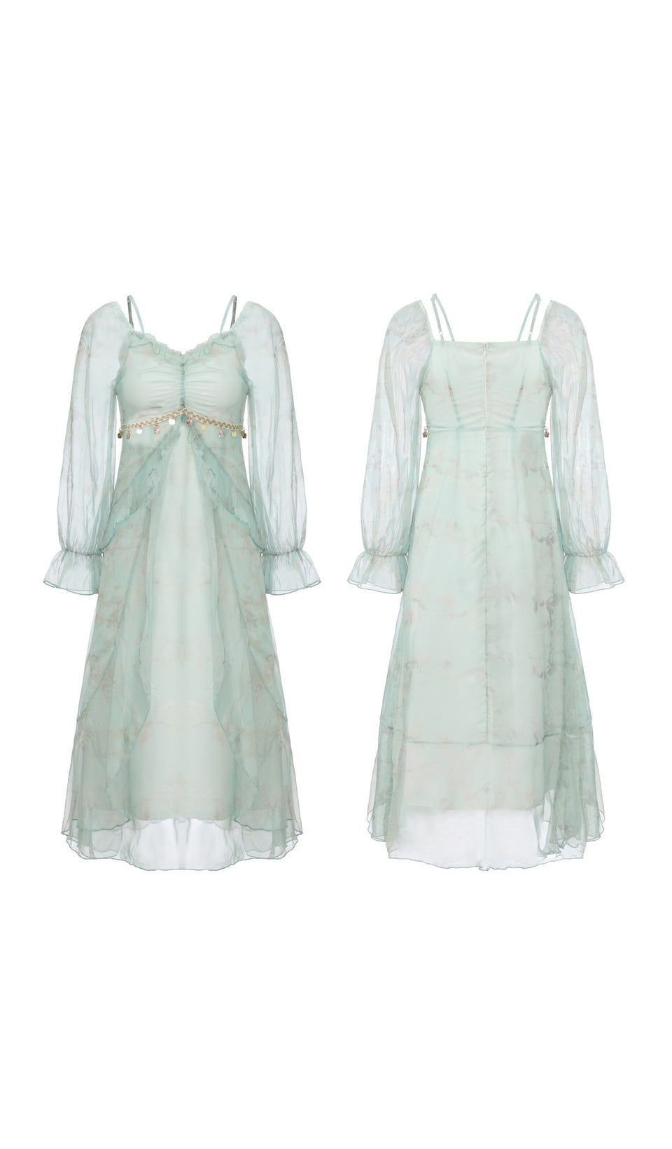 Front and back views of the Celestine’s Waltz mint green chiffon maxi dress with sheer long sleeves