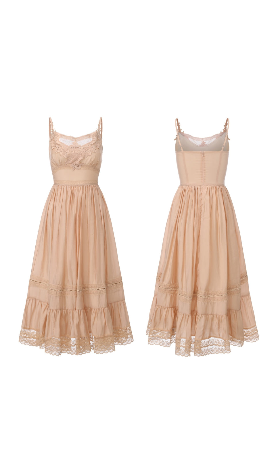 Front and back view of the Champagne At Sunset Dress displaying the elegant lace bodice, adjustable straps, fitted waist, and flowing lace-trimmed midi skirt.