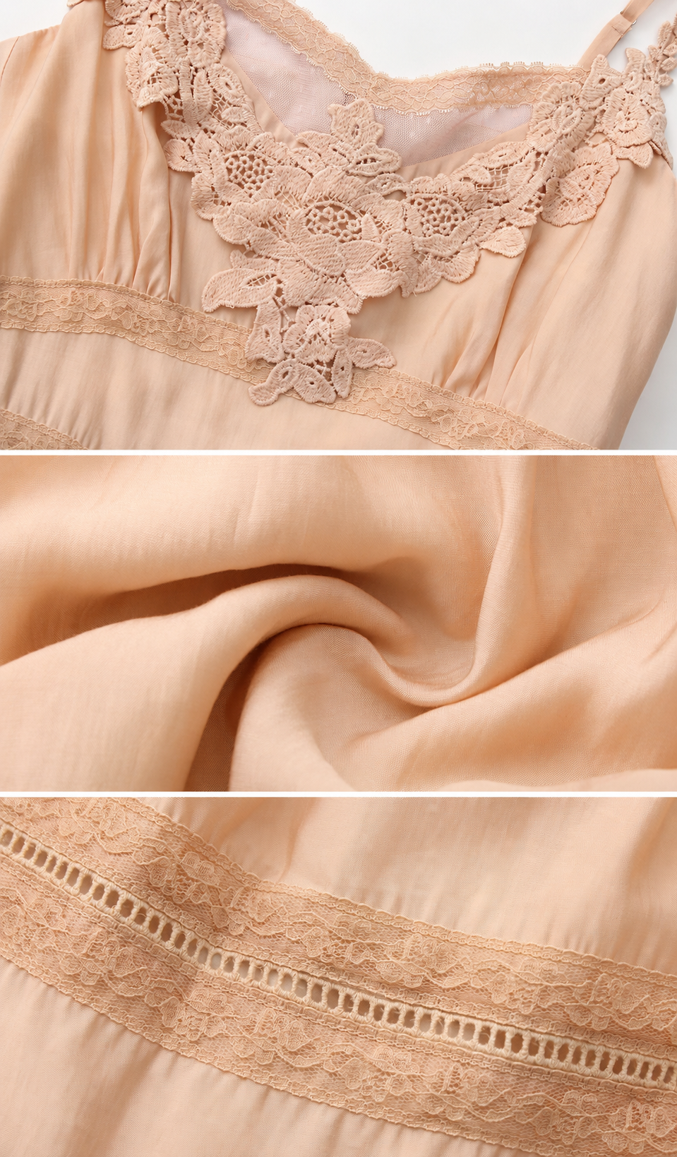 Close-up details of the Champagne At Sunset Dress showcasing the floral lace bodice, silky fabric, delicate lace trim, and premium craftsmanship.