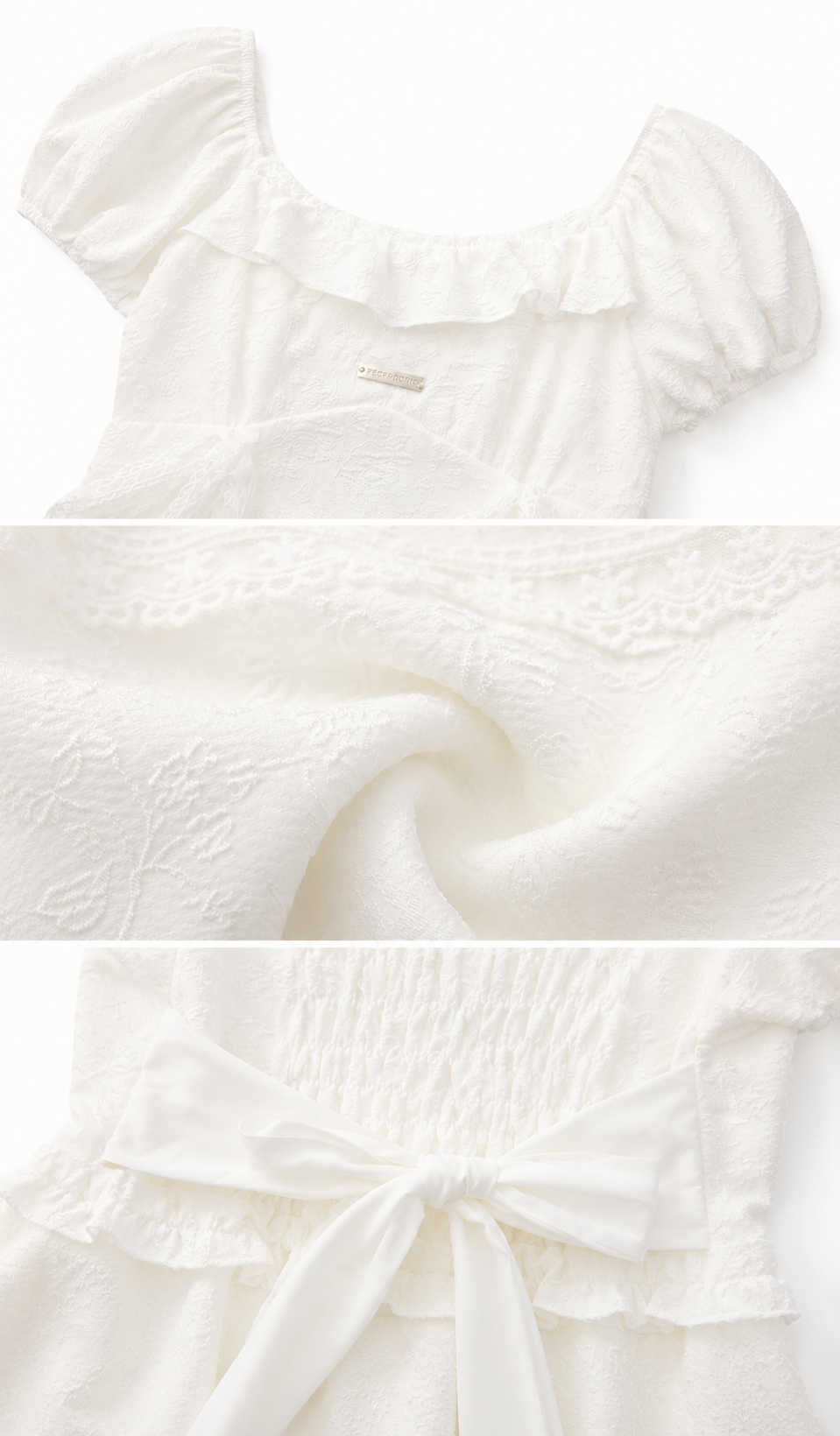 Close-up details of the Château Diary Dress showcasing the textured floral fabric, delicate ruffle trim, smocked back, and elegant waist bow.