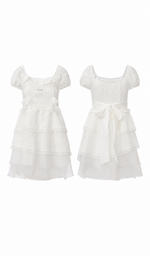 Front and back view of the Château Diary Dress displaying the romantic puff sleeves, layered skirt, smocked back bodice, and removable waist tie.