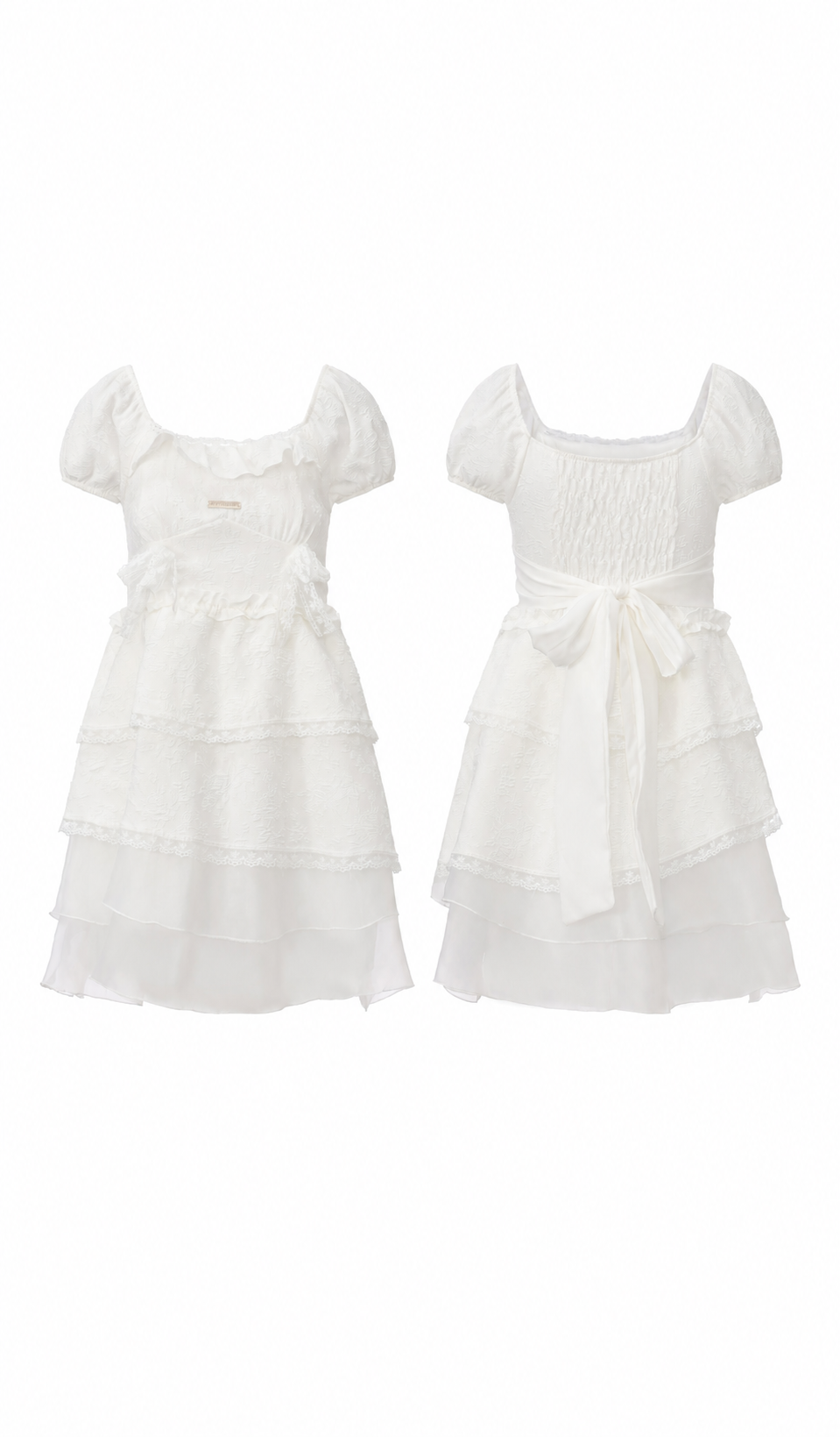 Front and back view of the Château Diary Dress displaying the romantic puff sleeves, layered skirt, smocked back bodice, and removable waist tie.