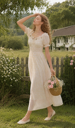 Portrait of a model wearing the Daisies After The Rain Corset Dress while sitting on a rustic garden bench, featuring delicate floral print and a flattering smocked bodice.