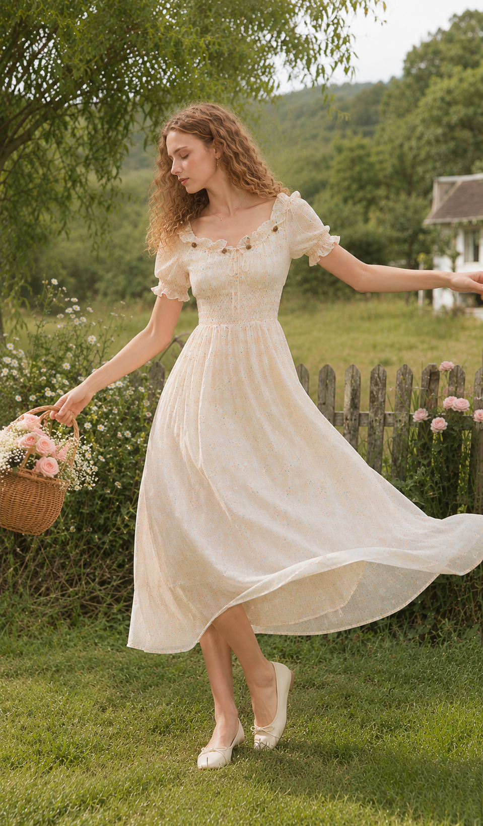 Model walking through a peaceful countryside garden in the Daisies After The Rain Corset Dress with a flower basket, capturing timeless cottagecore elegance.