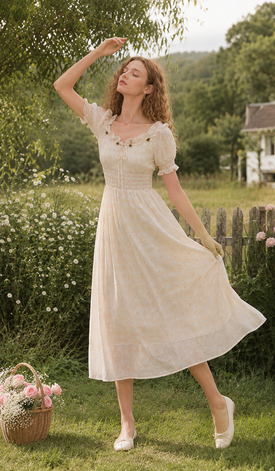 Model posing gracefully in the Daisies After The Rain Corset Dress, highlighting the flowing floral skirt, square neckline, and feminine cottagecore silhouette.