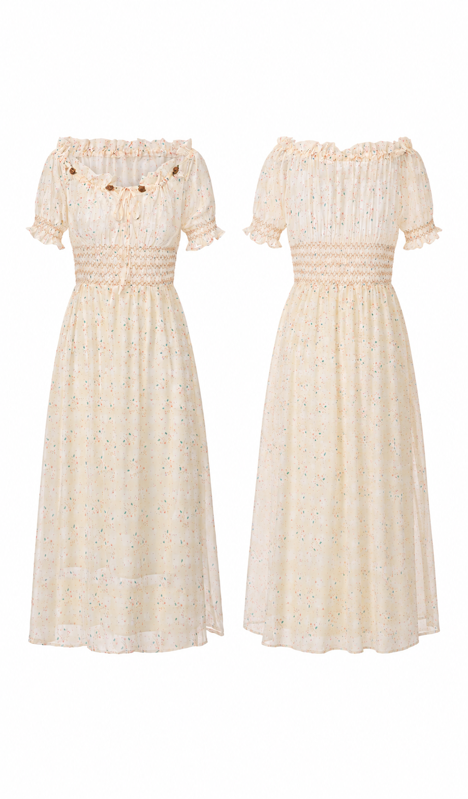 Front and back view of the Daisies After The Rain Corset Dress displaying the romantic floral print, elastic smocked waist, puff sleeves, and flowing midi skirt.