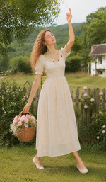 Model holding a basket of fresh flowers in the Daisies After The Rain Corset Dress, highlighting the soft floral pattern, puff sleeves, and feminine silhouette.