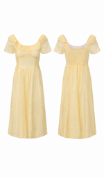Front and back product view of the Daisies Before Noon Dress highlighting the square neckline, puff sleeves, and smocked back.