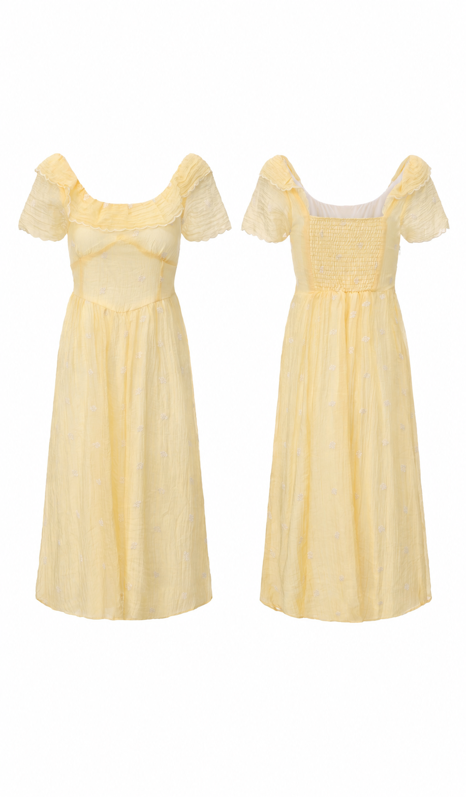 Front and back product view of the Daisies Before Noon Dress highlighting the square neckline, puff sleeves, and smocked back.