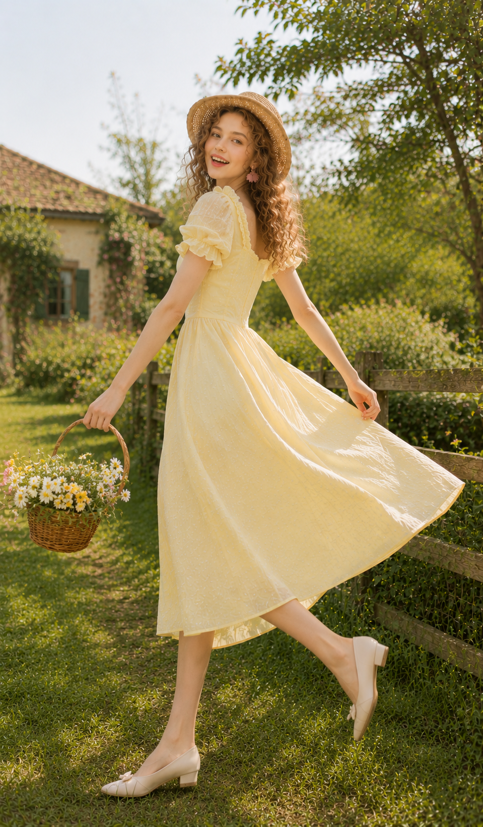Front view of the Daisies Before Noon Dress in pastel yellow with puff sleeves and delicate embroidered floral details.