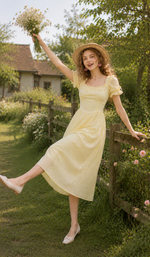 The Daisies Before Noon Dress featuring a flowing midi skirt, embroidered daisy details, and romantic cottagecore styling.