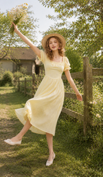 Smiling woman in the Daisies Before Noon Dress with puff sleeves and floral embroidery in a peaceful countryside setting.