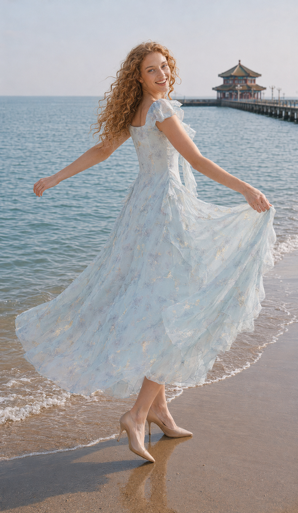 Side view of the Echoes of Tsingtao Bay Dress twirling on the beach near Qingdao Zhanqiao Pier.