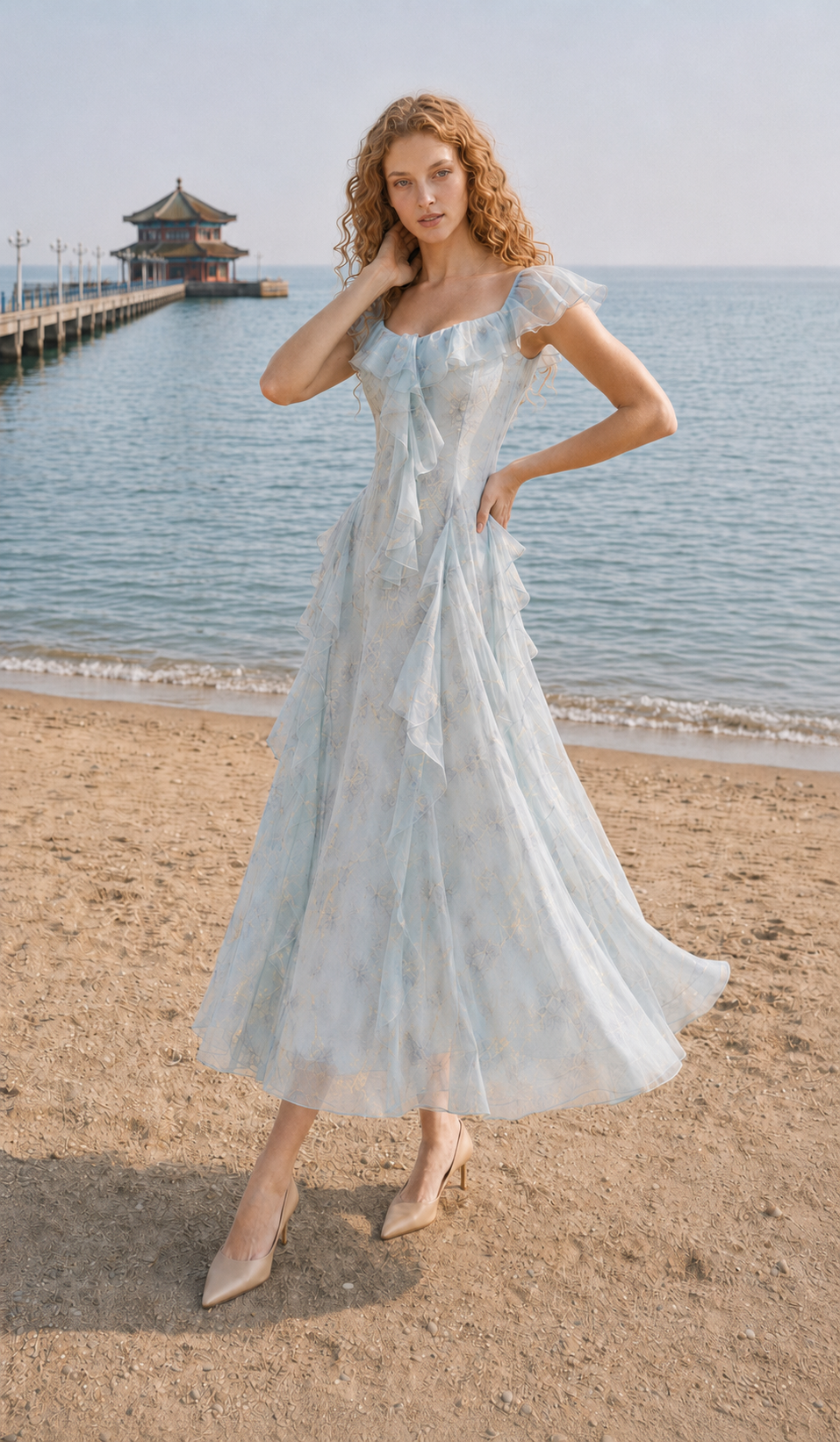 Editorial front view of the Echoes of Tsingtao Bay Dress with a square neckline and cascading chiffon ruffles.