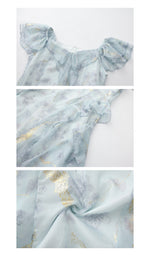 Detail collage of the Echoes of Tsingtao Bay Dress neckline, ruffled skirt and blue floral fabric with gold accents.