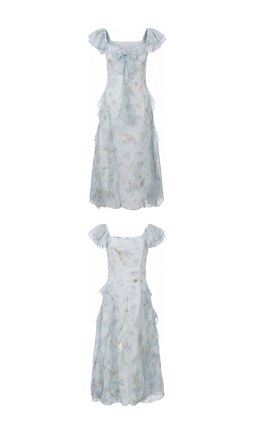 Front and back views of the Echoes of Tsingtao Bay Dress on white, featuring a chiffon bow and flutter sleeves.