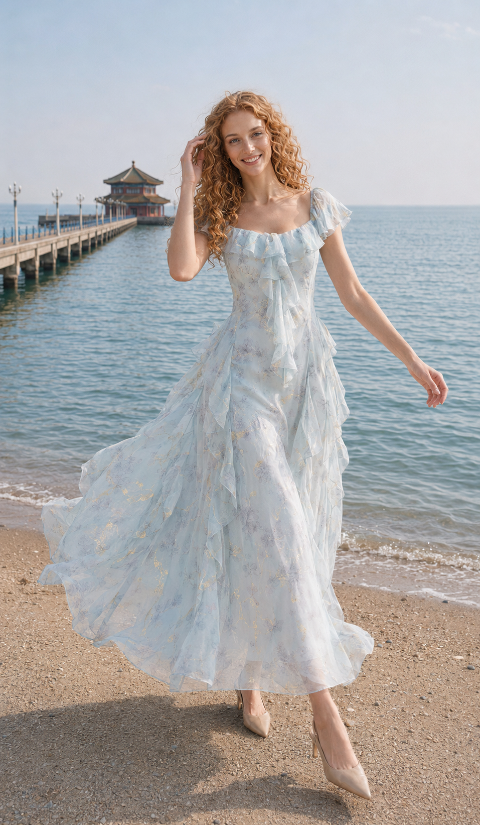 Model walking by the sea in the Echoes of Tsingtao Bay Dress with flutter sleeves and flowing ruffles.