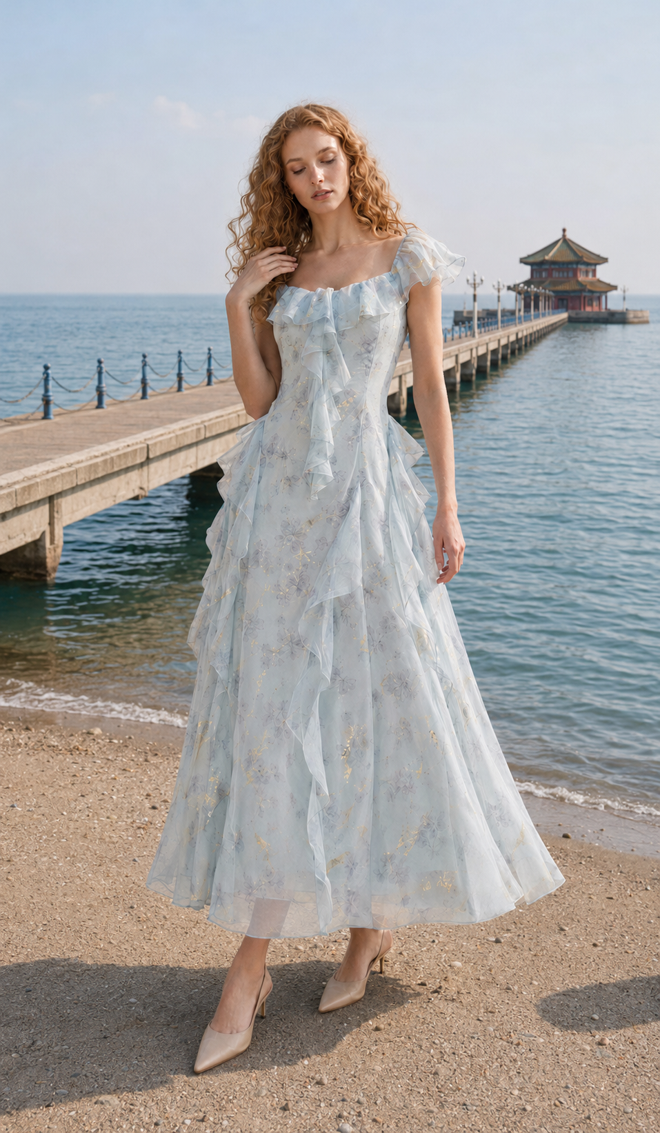 Model wearing the Echoes of Tsingtao Bay Dress in misty blue chiffon beside Qingdao Zhanqiao Pier.