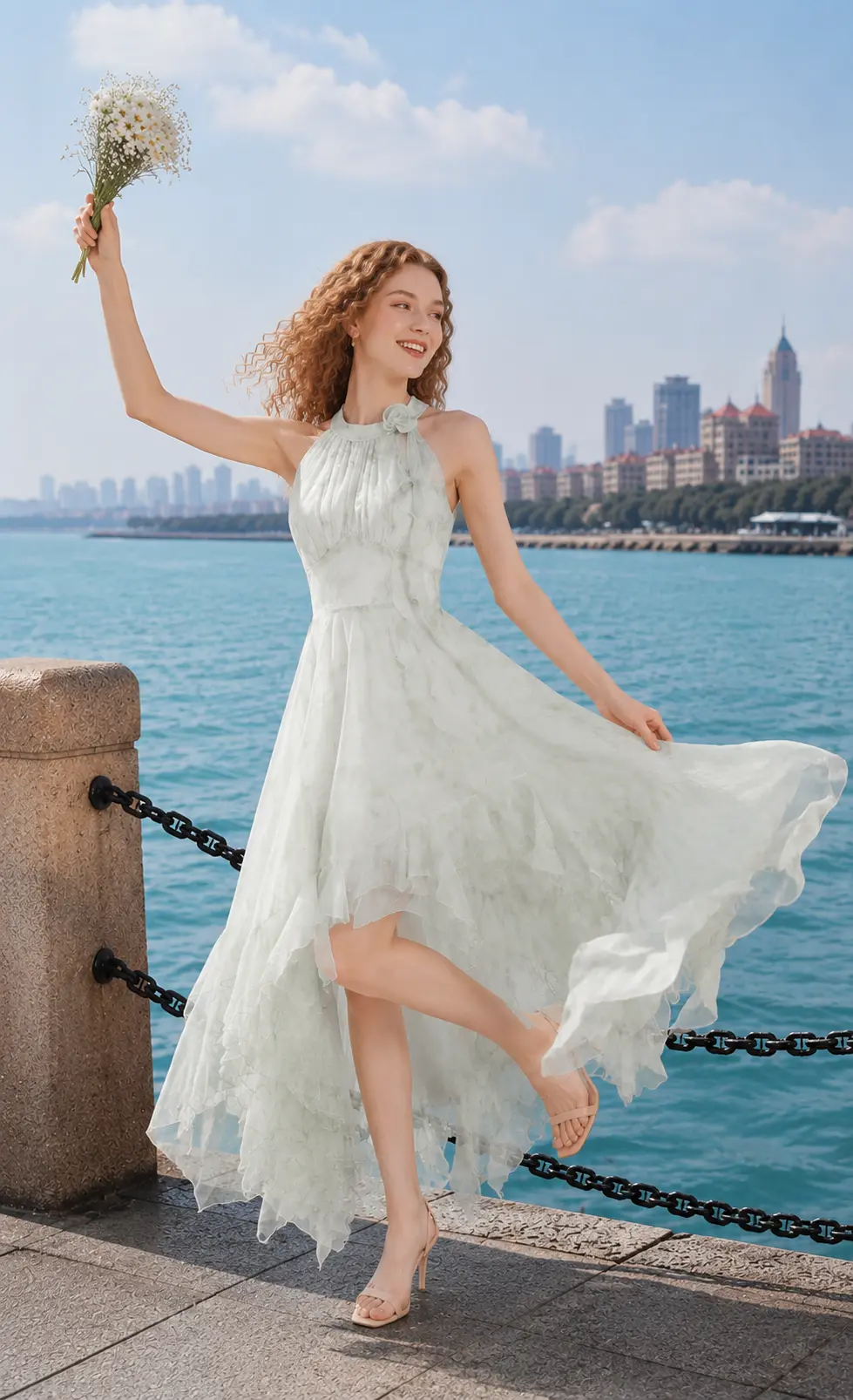 Woman posing in a green halter chiffon dress with a layered handkerchief hem by the ocean on a sunny day.
