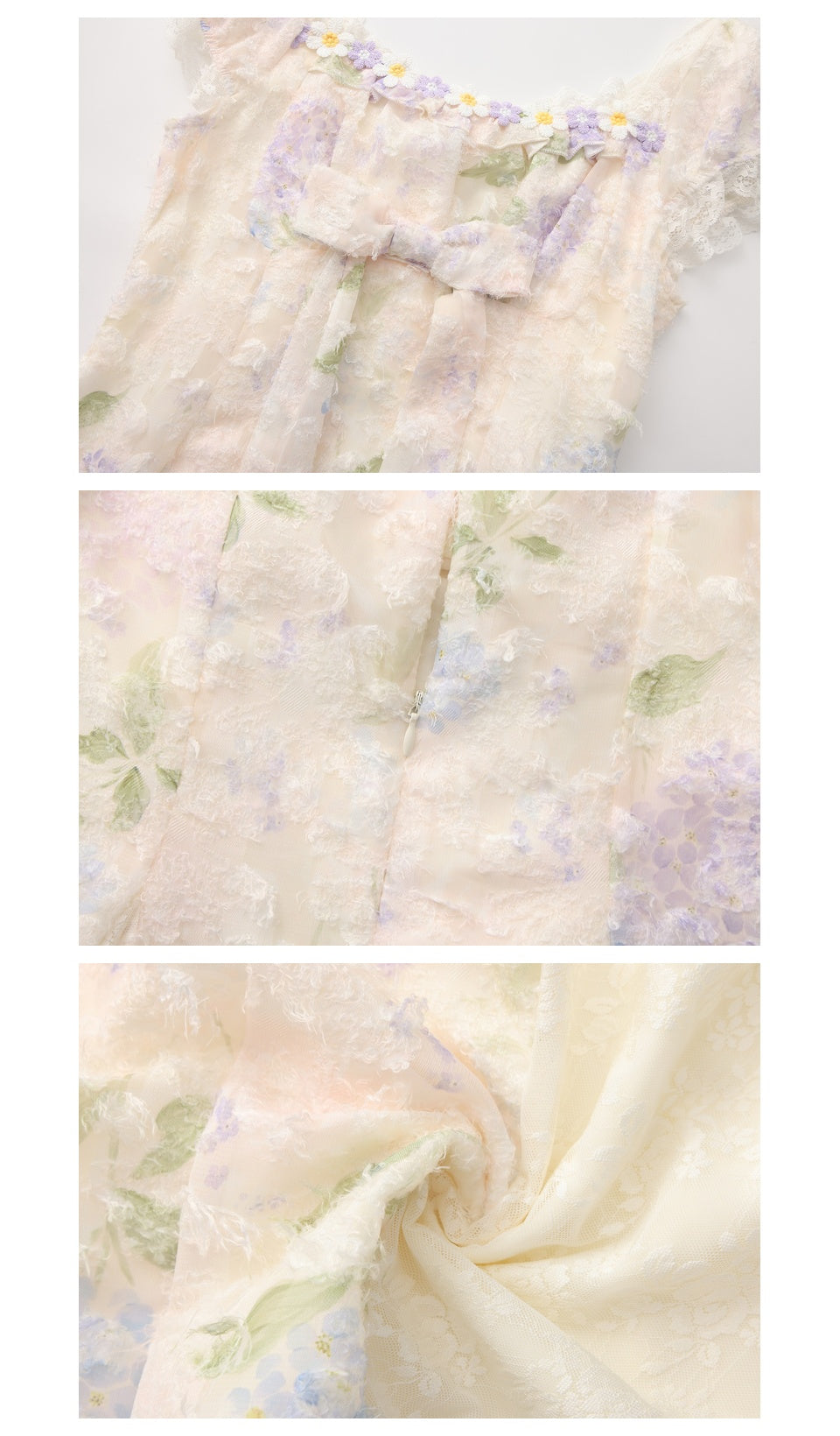 Close-up details of the Hydrangeas After Sunset Corset Dress featuring textured floral lace overlay, pastel hydrangea print, decorative ribbon bow, and premium romantic craftsmanship.