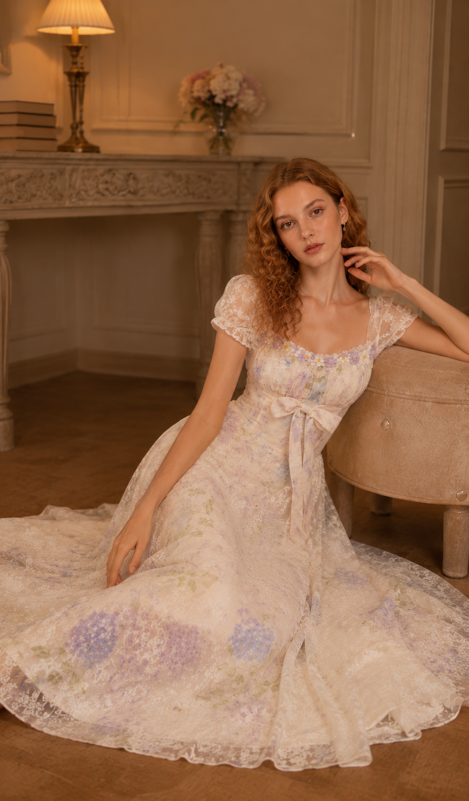Model posing on the floor in the Hydrangeas After Sunset Corset Dress with pastel floral print, sheer lace overlay, square neckline, puff sleeves, and feminine ribbon bow detail.