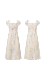 Front and back view of the Hydrangeas After Sunset Corset Dress featuring pastel hydrangea floral print, lace overlay, puff sleeves, fitted bodice, and elegant flowing midi skirt.