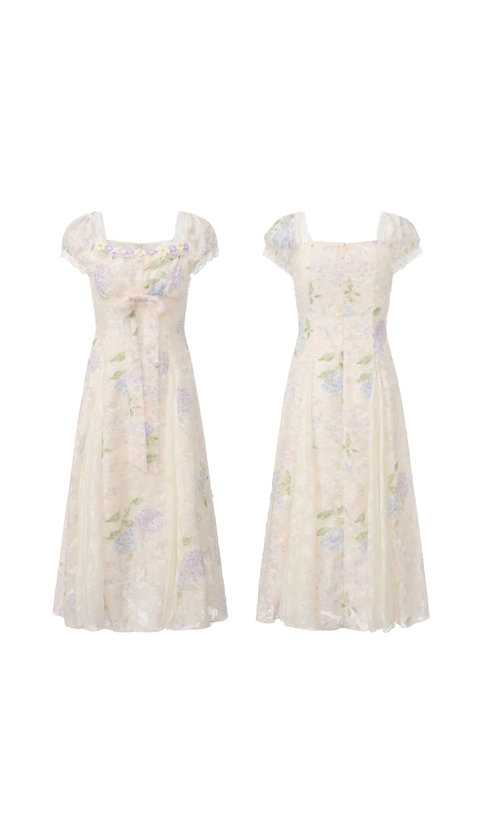 Front and back view of the Hydrangeas After Sunset Corset Dress featuring pastel hydrangea floral print, lace overlay, puff sleeves, fitted bodice, and elegant flowing midi skirt.