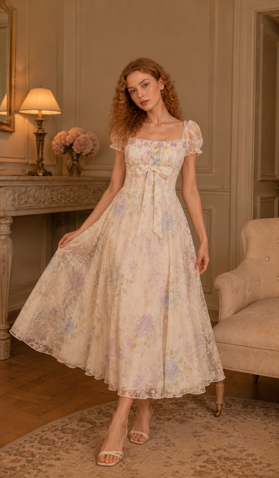 Full-length view of the Hydrangeas After Sunset Corset Dress featuring pastel hydrangea floral print, embroidered lace overlay, puff sleeves, ribbon bow, and romantic vintage-inspired silhouette.