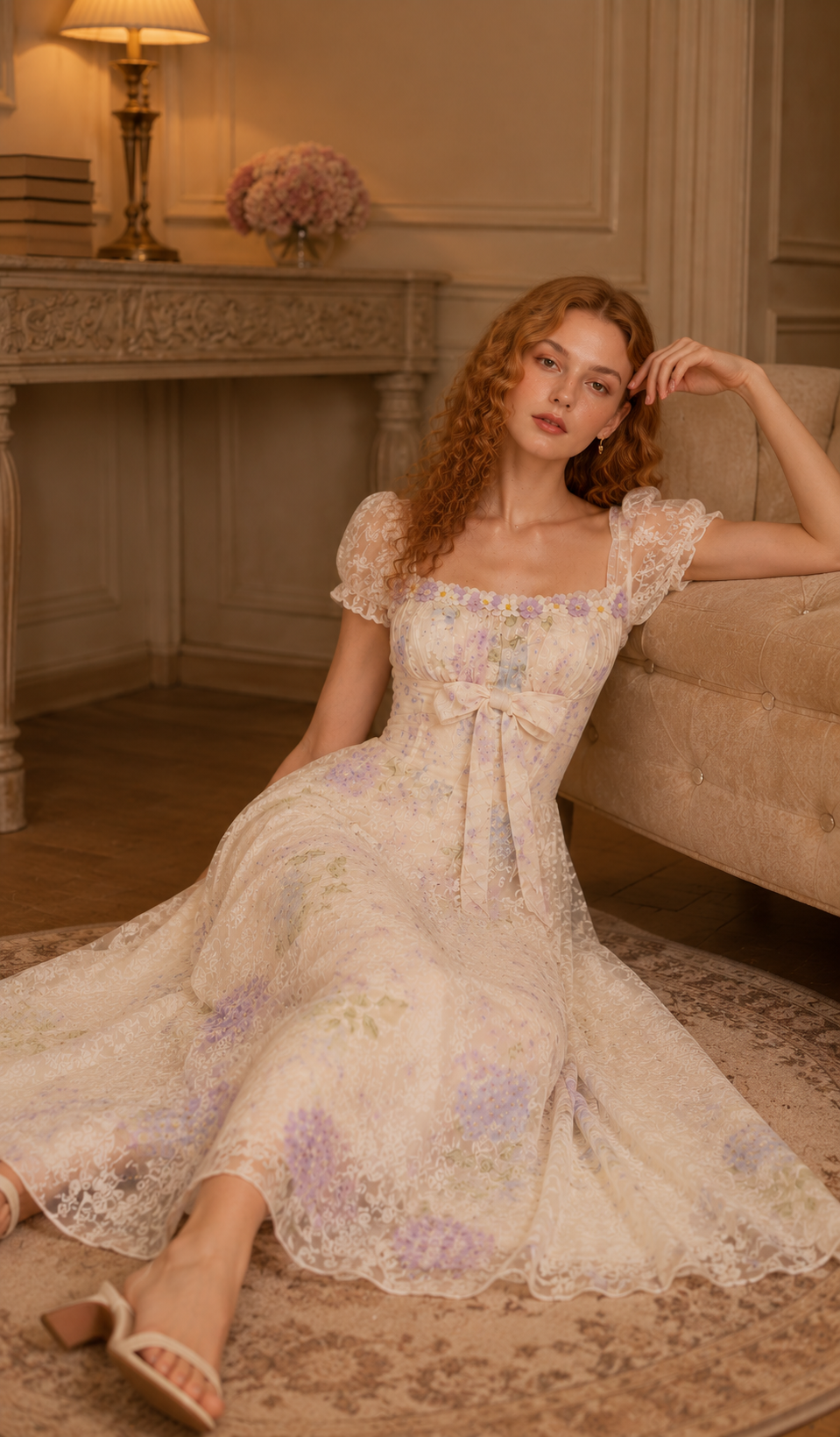 Model reclining gracefully in the Hydrangeas After Sunset Corset Dress showcasing a soft hydrangea floral print, lace overlay, fitted bodice, and elegant flowing midi skirt.