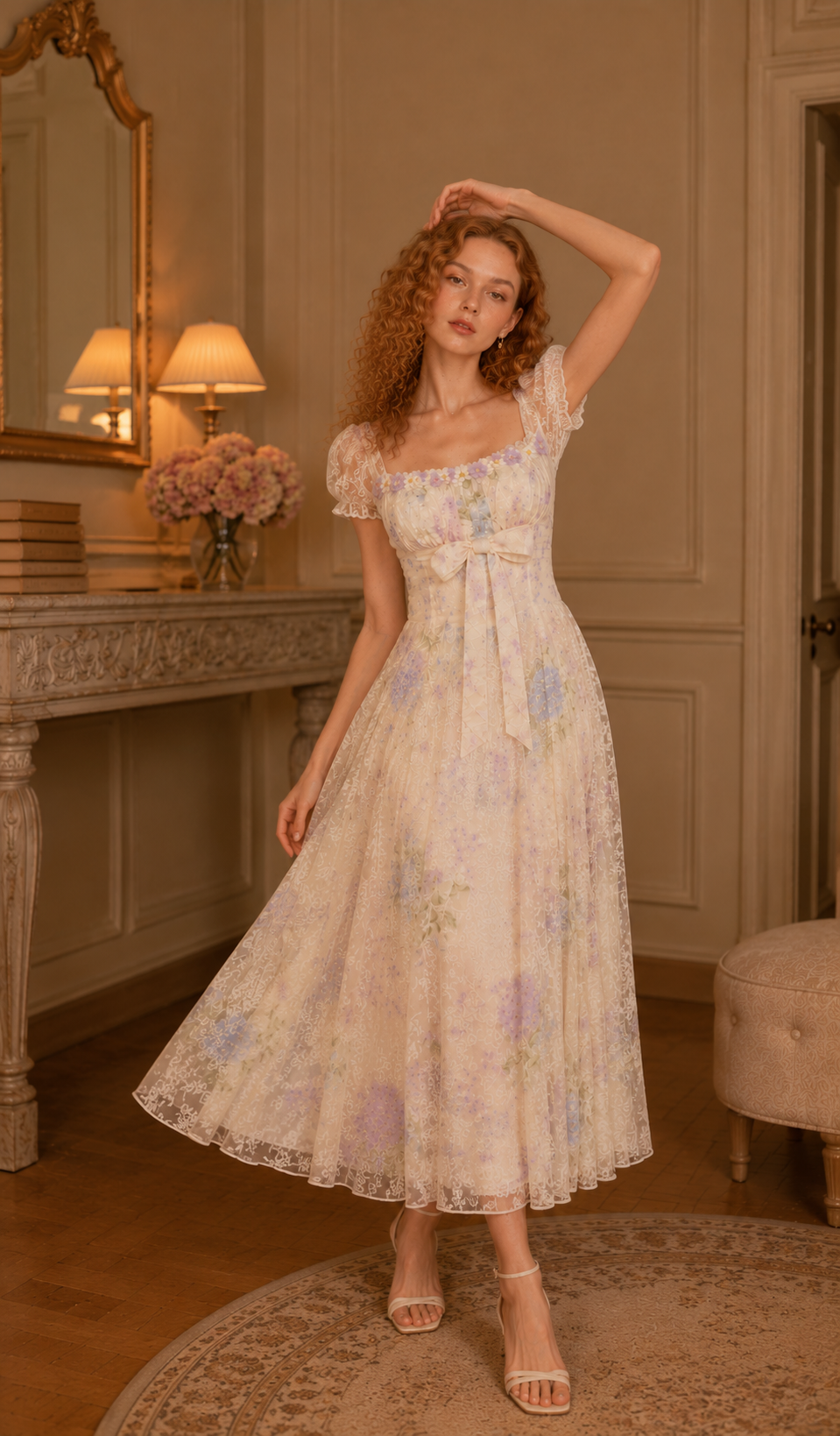 Model standing indoors wearing the Hydrangeas After Sunset Corset Dress with delicate floral embroidery, lace overlay, puff sleeves, ribbon bow detail, and elegant midi silhouette.