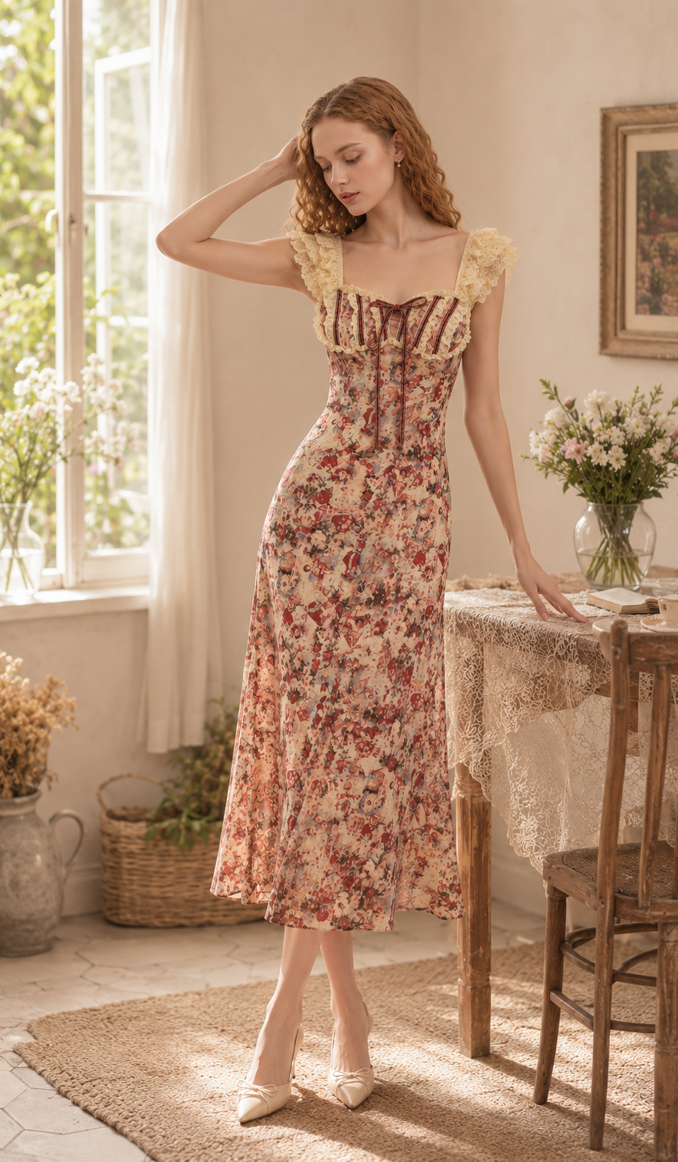Back view of the Letters From The Rose Garden Dress featuring delicate ruffled sleeves, elegant fitted silhouette, floral print, and graceful open-back styling.