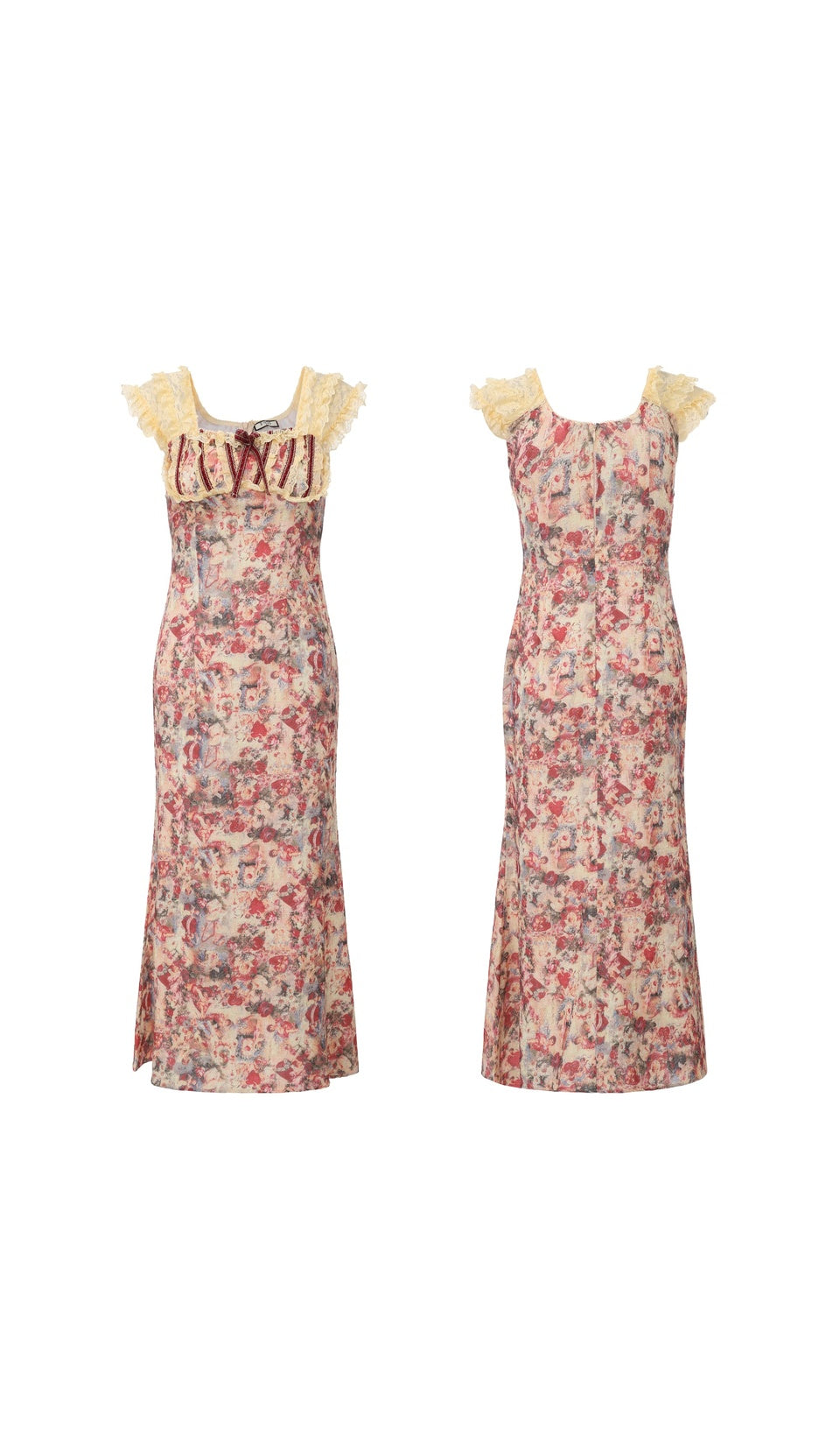 Front and back view of the Letters From The Rose Garden Dress displaying the floral print, corset-inspired bodice, ruffled sleeves, fitted midi silhouette, and elegant design.